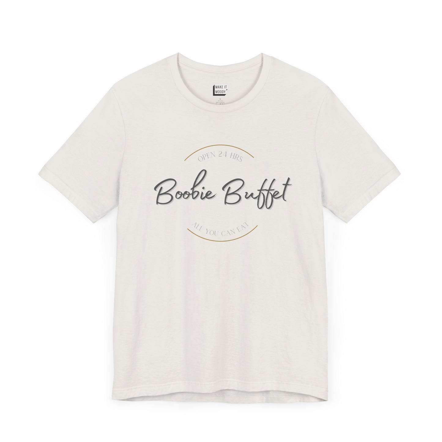 Vintage white breastfeeding t-shirt with the wording boobie buffet, open 24 hours, all you can eat.