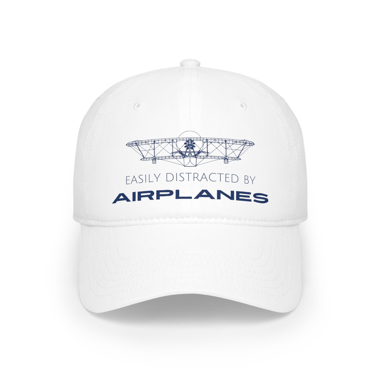 White "Easily Distracted By Airplanes" Aviation Hat with a design of an airplane on the front.