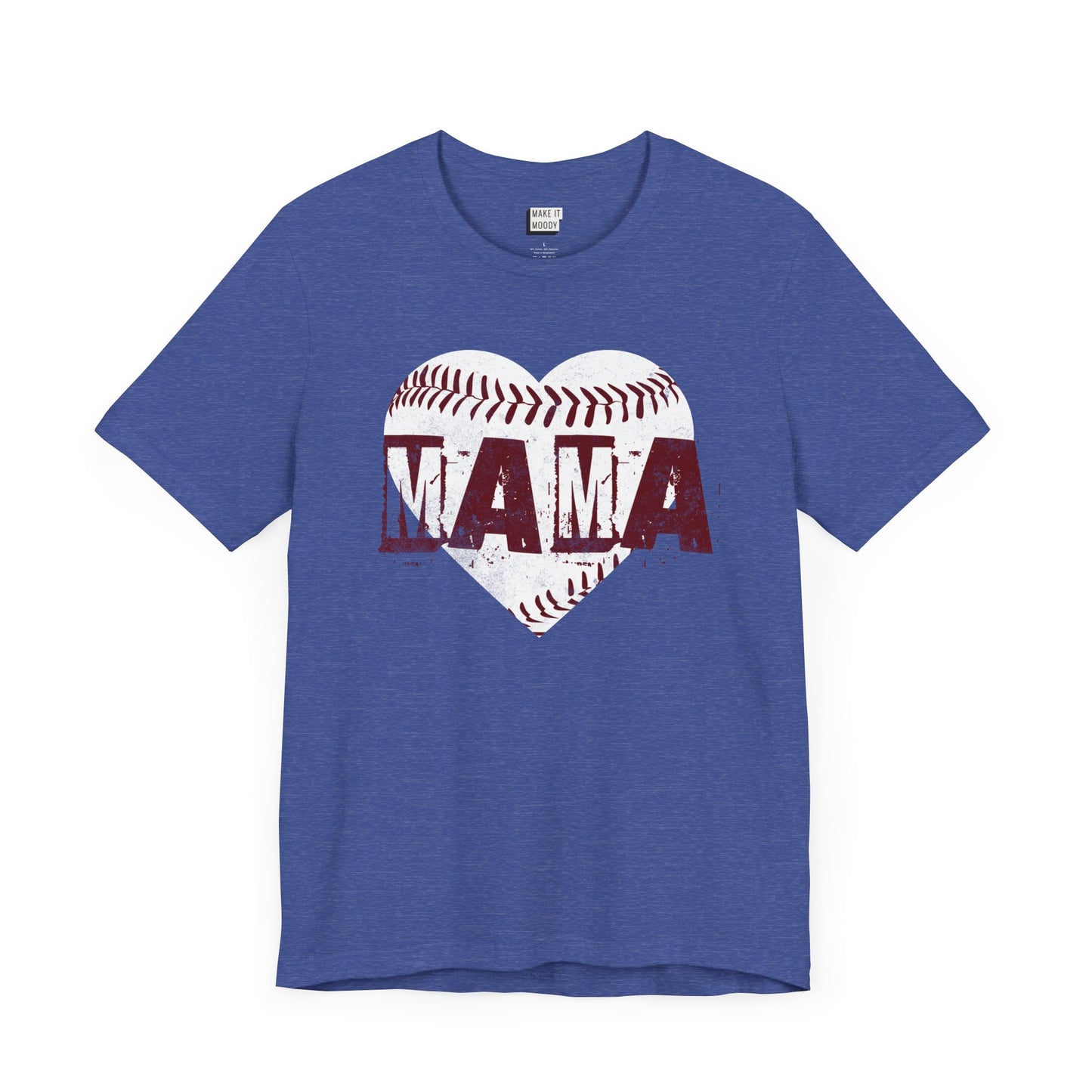 Heather royal blue baseball mama t-shirt with the word MAMA in maroon distressed font over a heart shaped baseball design.