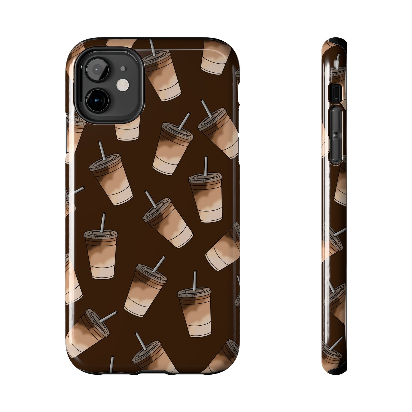 picture of a phone case for coffee lovers with scattered pictures of ice coffee