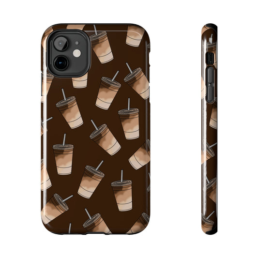 picture of a phone case for coffee lovers with scattered pictures of ice coffee 