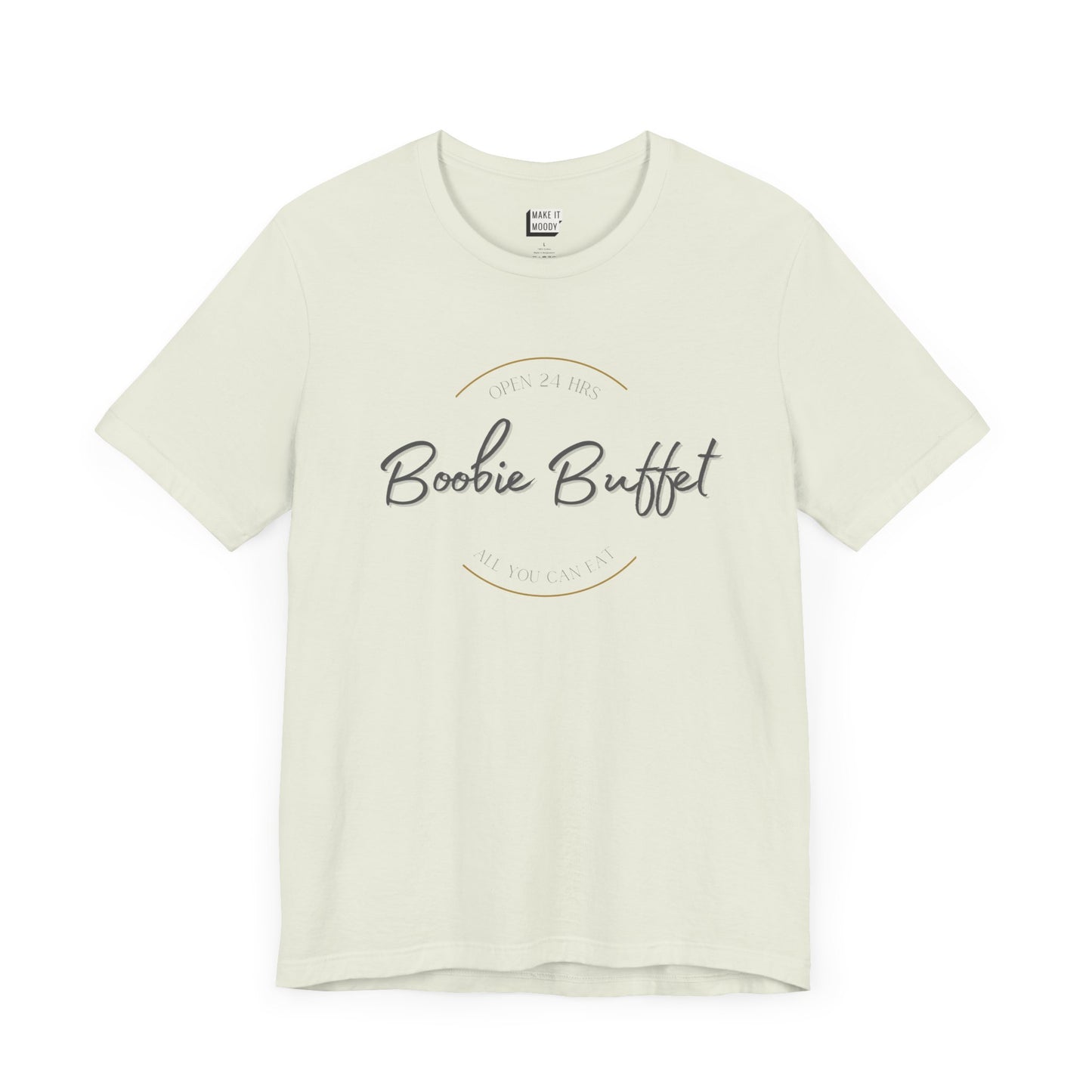 Citron green breastfeeding t-shirt with the wording boobie buffet, open 24 hours, all you can eat.