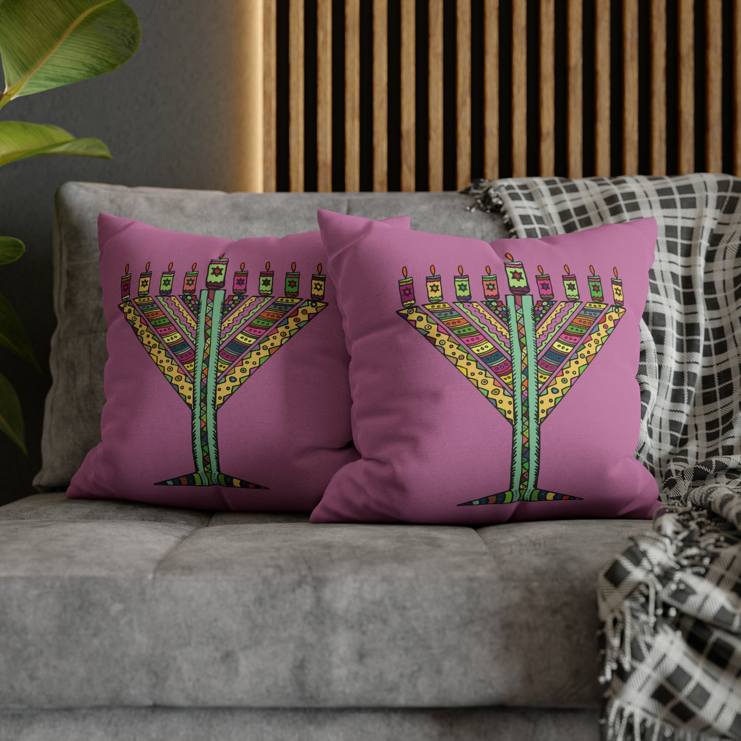 Mosaic Menorah Hanukkah Pillow Cover, Pink