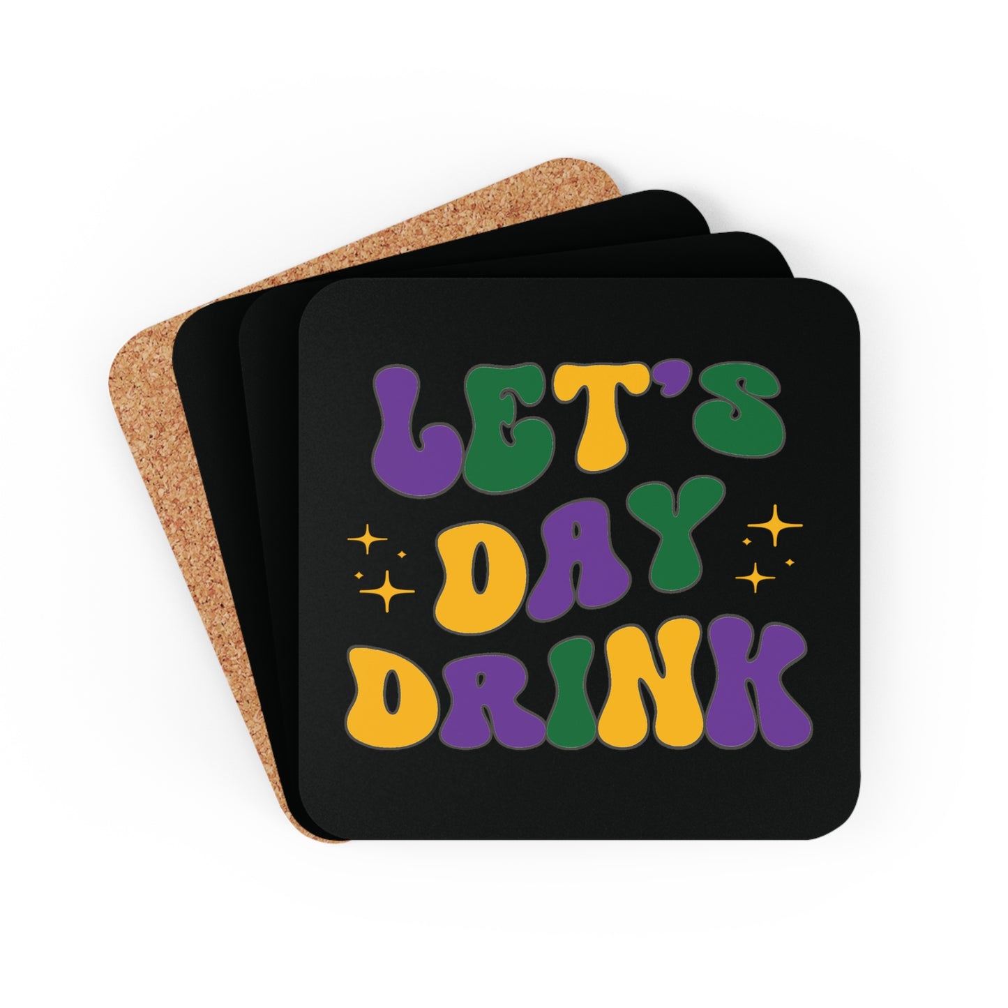 "Let's Day Drink" Mardi Gras Corkwood Coaster Set