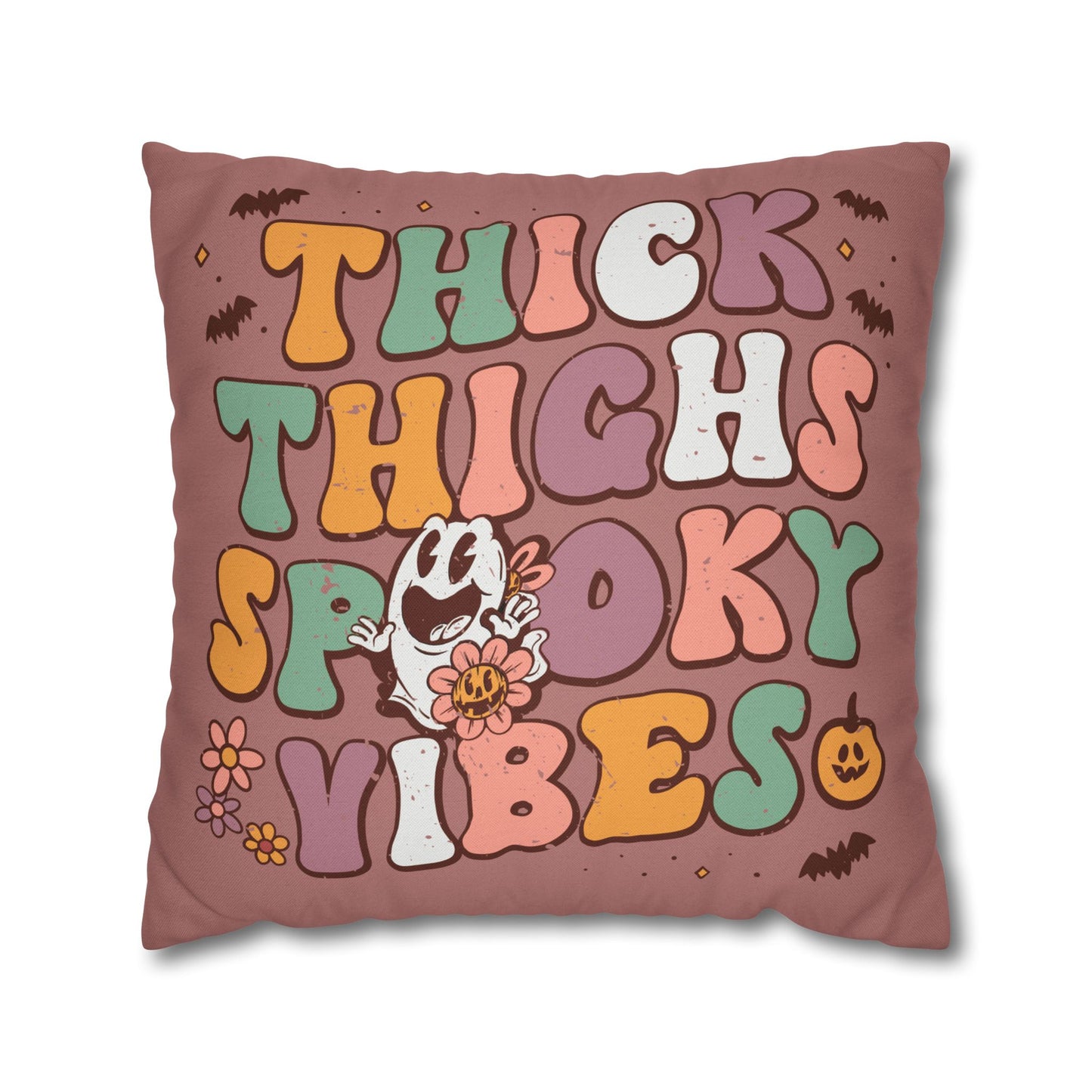 The "Thick Thighs, Spooky Vibes" Halloween Pillow Cover features colorful text, flowers, a ghost, and various Halloween icons on a brown background.