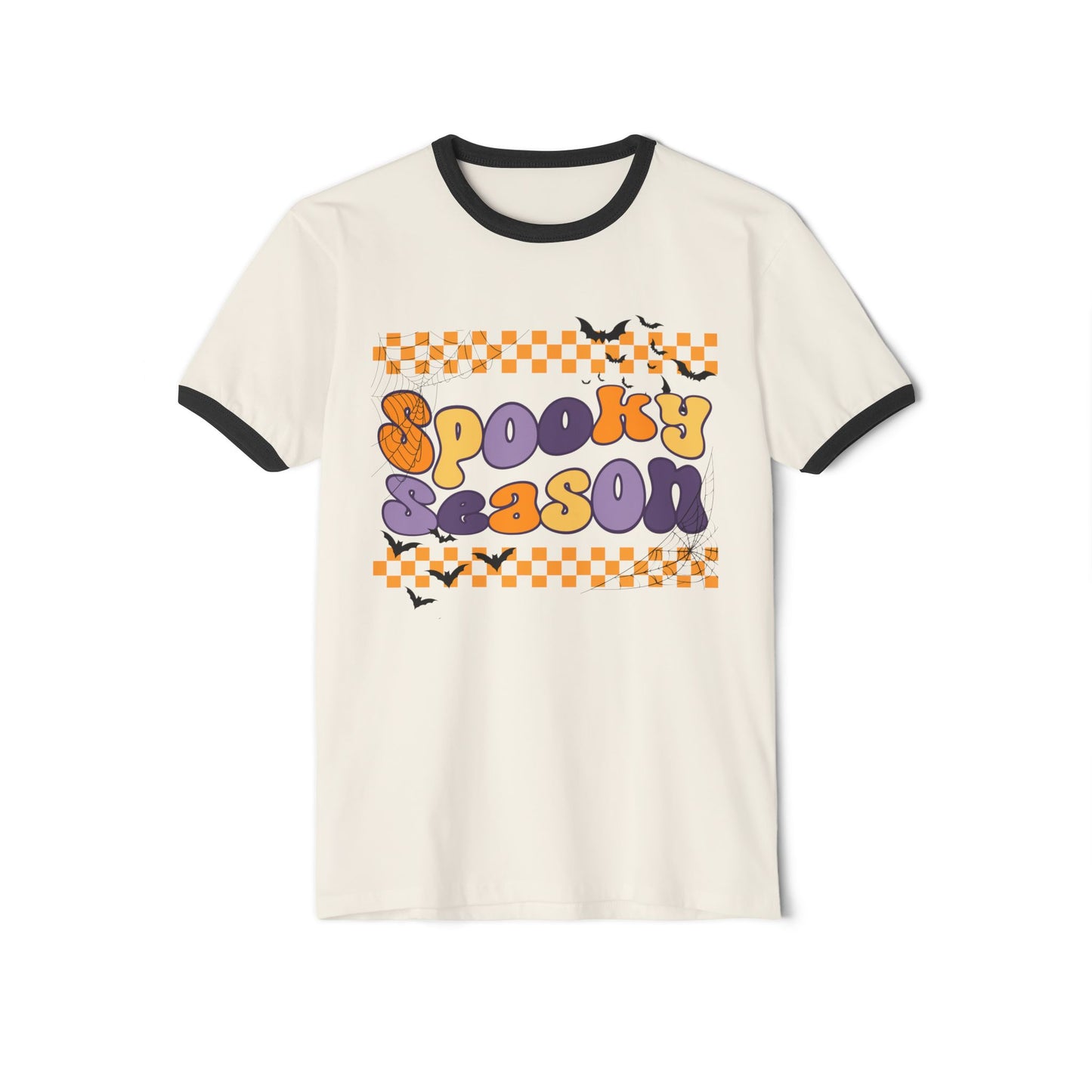 Natural/black "Spooky Season" Unisex Cotton Ringer Halloween T-Shirt, featuring orange and purple "Spooky Season" text with a bats graphic on a checkerboard pattern background.