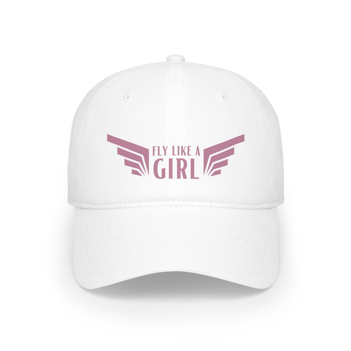 White "Fly Like A Girl" Aviation Hat with pink text and wings graphic.