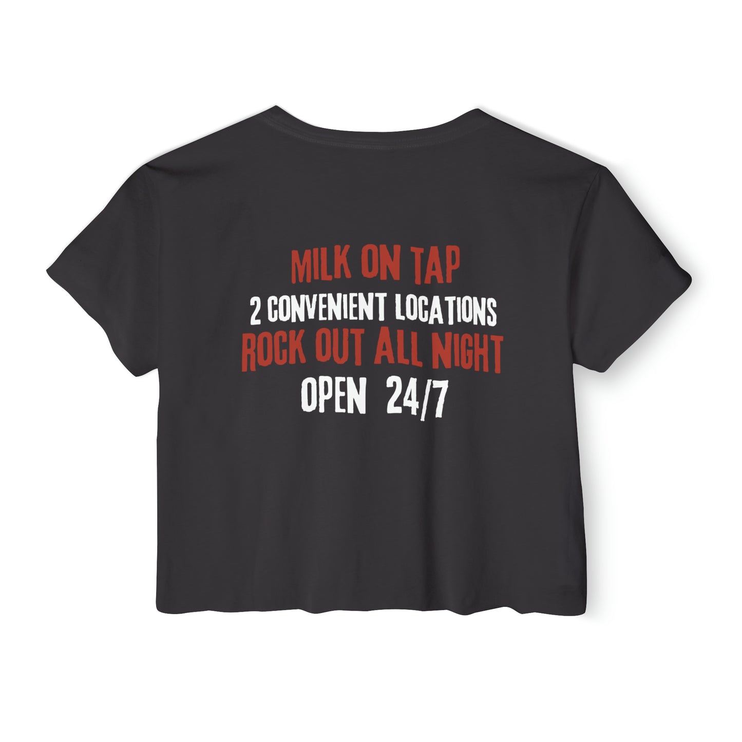 House of Boobs" Breastfeeding Cropped Tee in black features the text "MILK ON TAP, 2 CONVENIENT LOCATIONS, ROCK OUT ALL NIGHT, OPEN 24/7" in red and white font on the back. This clever and fun design is perfect for new moms needing easy access for nursing or anyone loving a witty breastfeeding-themed tee. Get yours now from the House of Boobs collection!