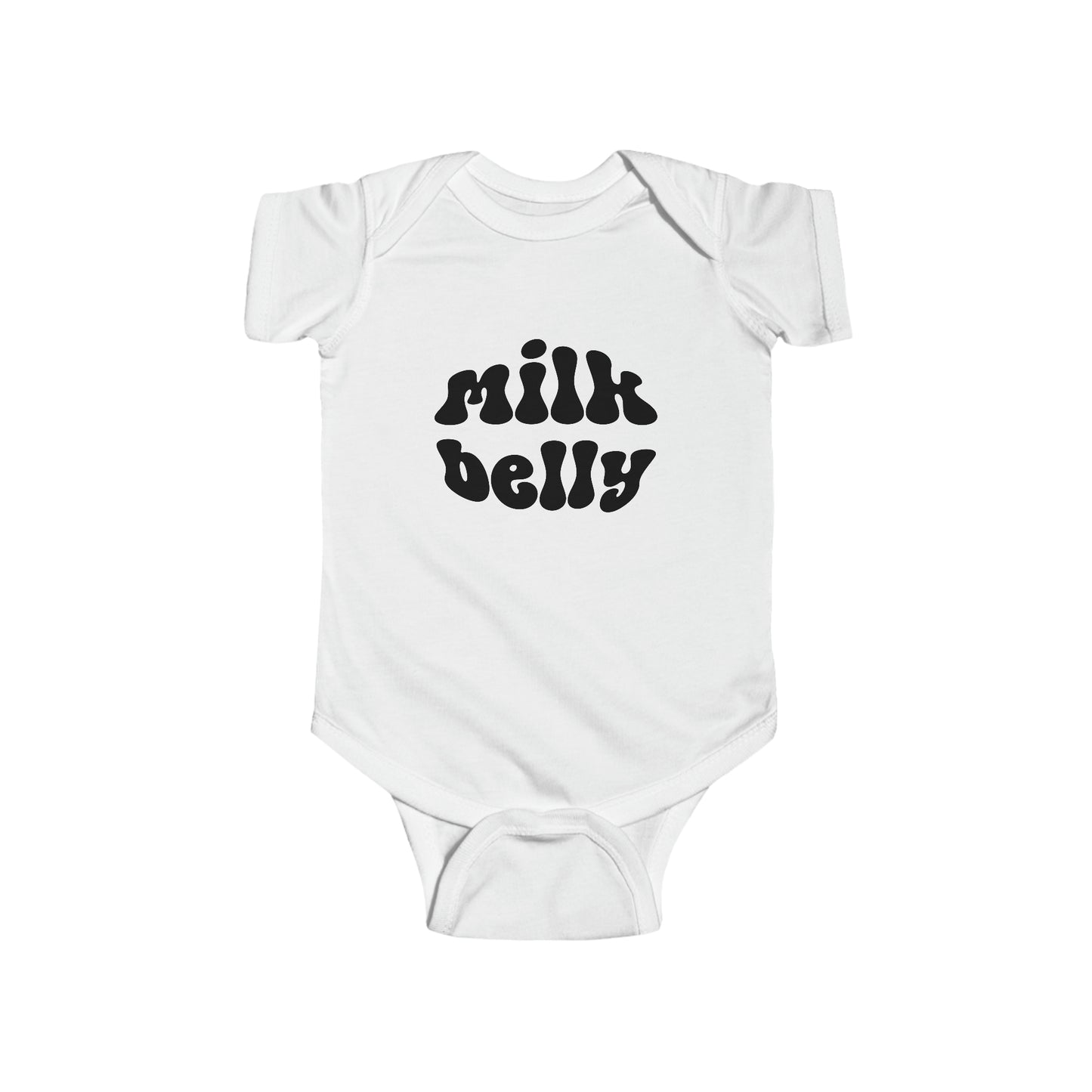 White infant bodysuit that says MILK BELLY in black retro font on the front.