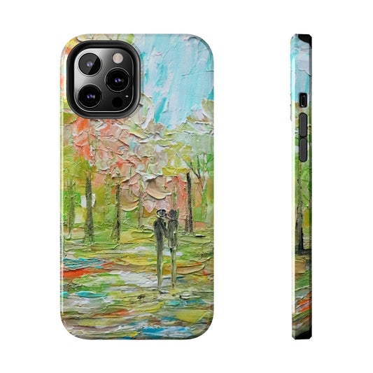 phone case featuring a beautiful acrylic painting of a couple taking a spring time walk