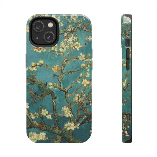 phone case featuring an iconic painting of white cherry blossoms against a blue background