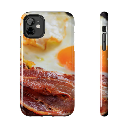 photo of a phone case for breakfast lovers featuring a close up photo of bacon and eggs