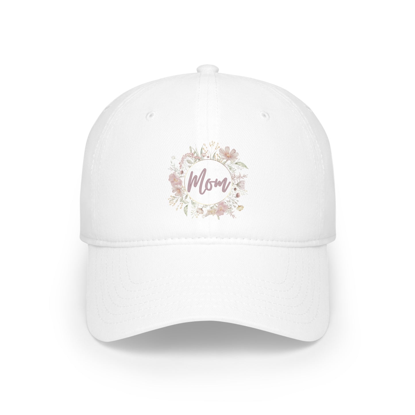 White "Mom" Floral Hat featuring a floral design in the center.
