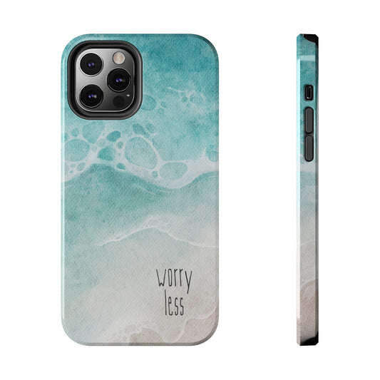 picture of an inspirational phone case that says, "worry less" against a beautiful and peaceful watercolor of the beach