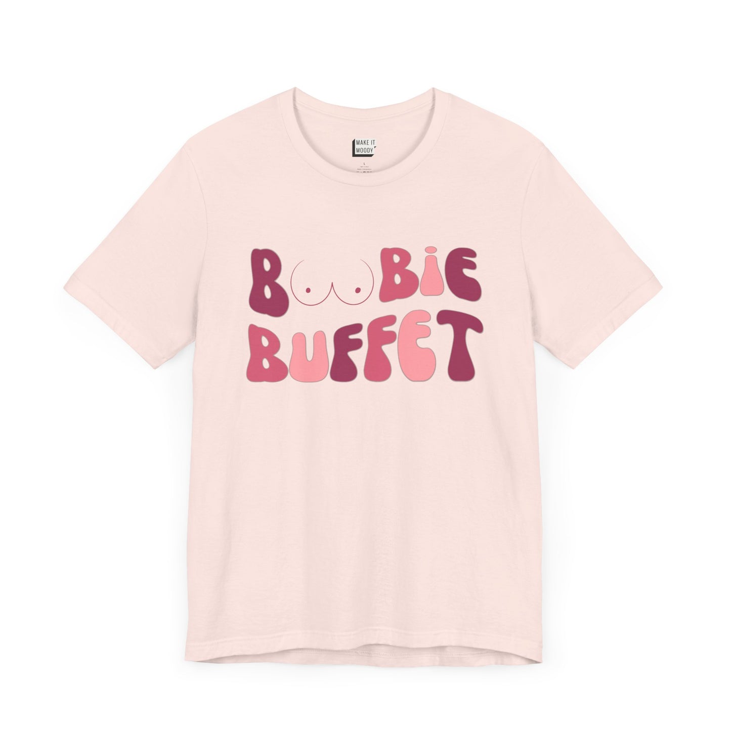 soft pink breastfeeding t-shirt with the words BOOBIE BUFFET printed on the front in pink retro font with a minimalistic breast graphic in place of the double O in the word BOOBIE.