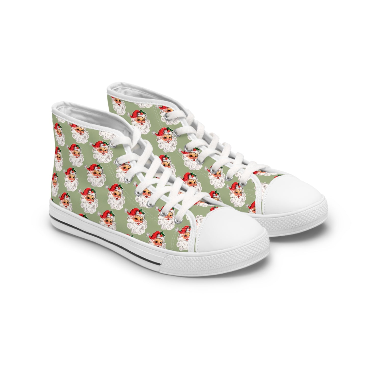 women's high top christmas sneakers in sage green with a vintage santa face pattern