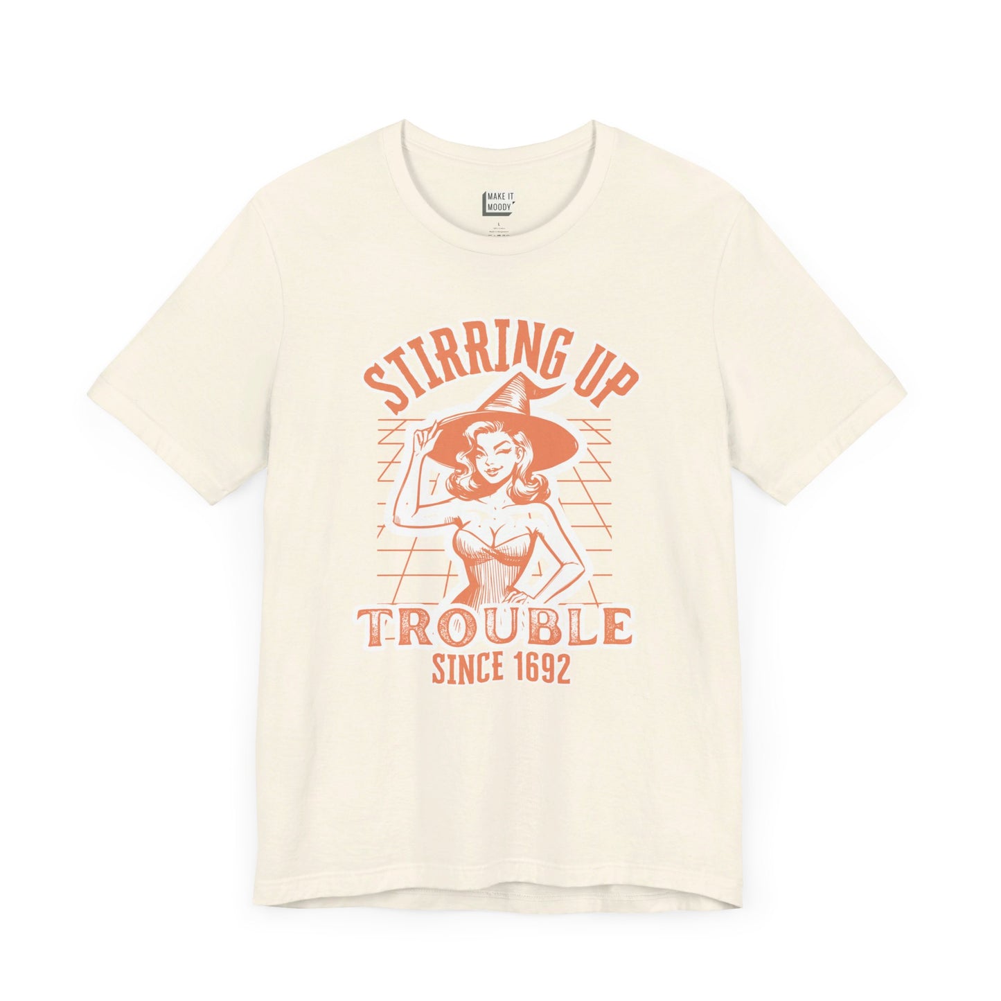 vintage style halloween witch t-shirt that says stirring up trouble since 1692