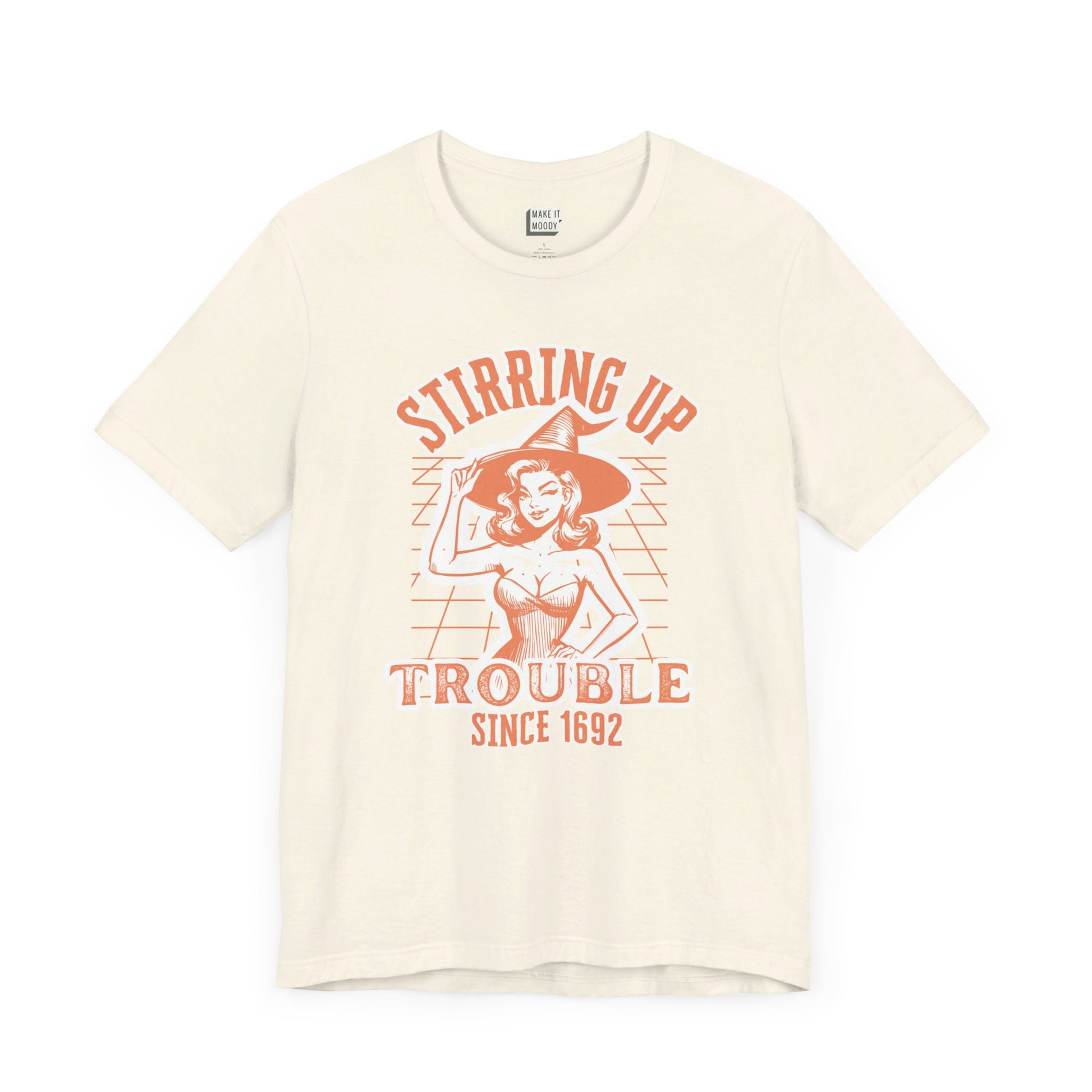 vintage style halloween witch t-shirt that says stirring up trouble since 1692