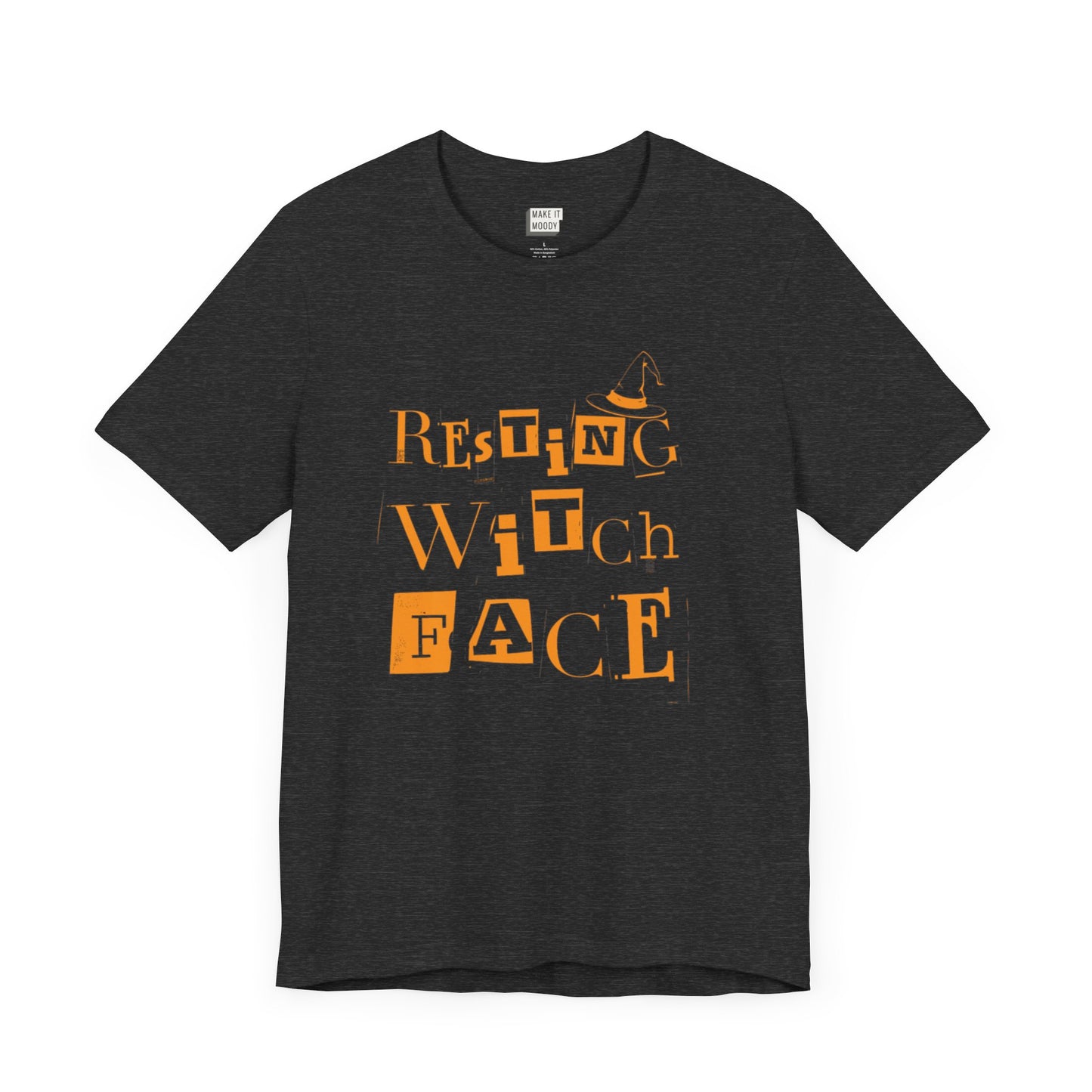 Dark Grey Heather t-shirt with orange text reading "Resting Witch Face" and a small witch hat graphic above the word "Witch".