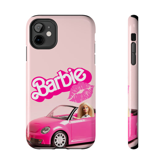 pink barbie themed phone case with a picture of barbie in her pink car and the barbie logo