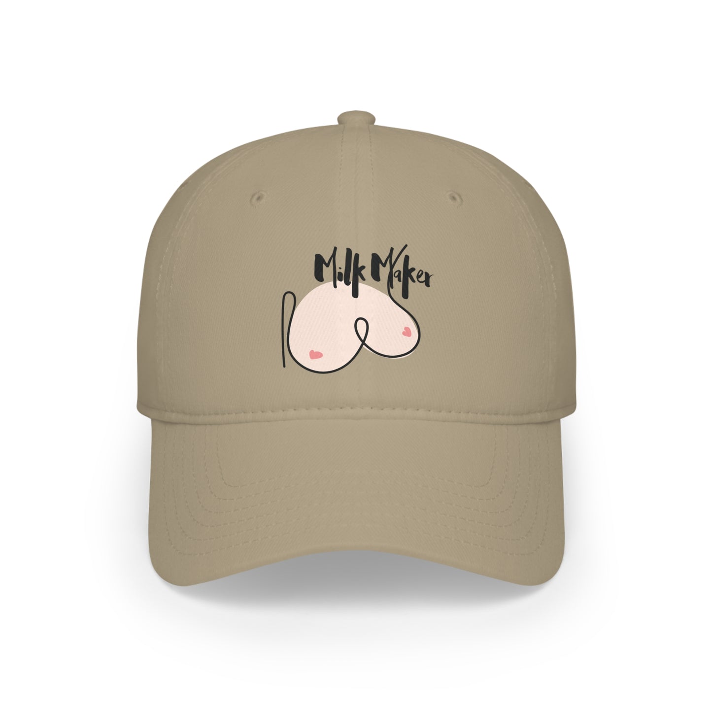 Breastfeeding themed ball cap with a graphic of breasts and the words milk maker printed on the front