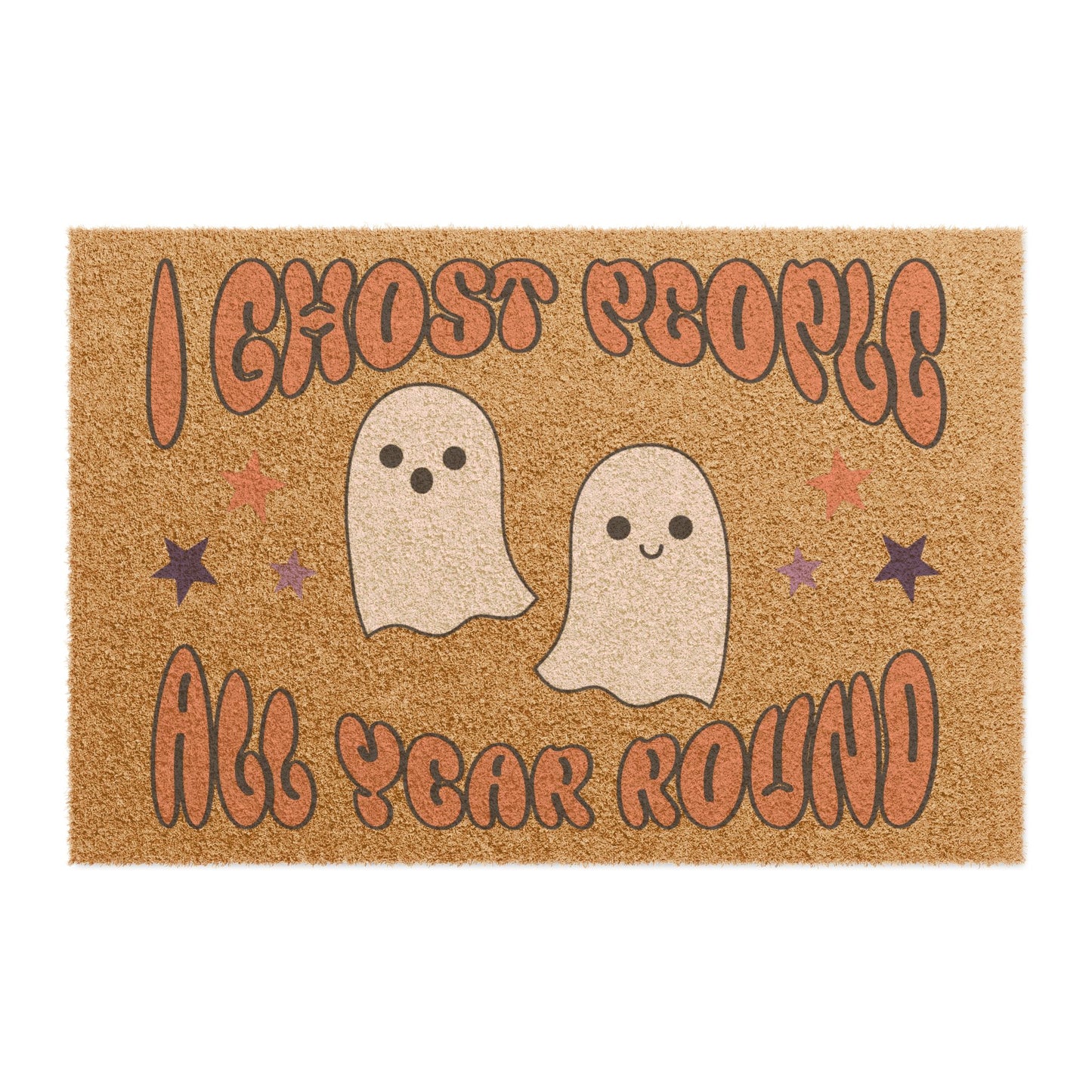 The "I Ghost People All Year Round" Halloween Doormat features ghosts, stylized letters spelling out the catchy phrase, and stars surrounding the design.