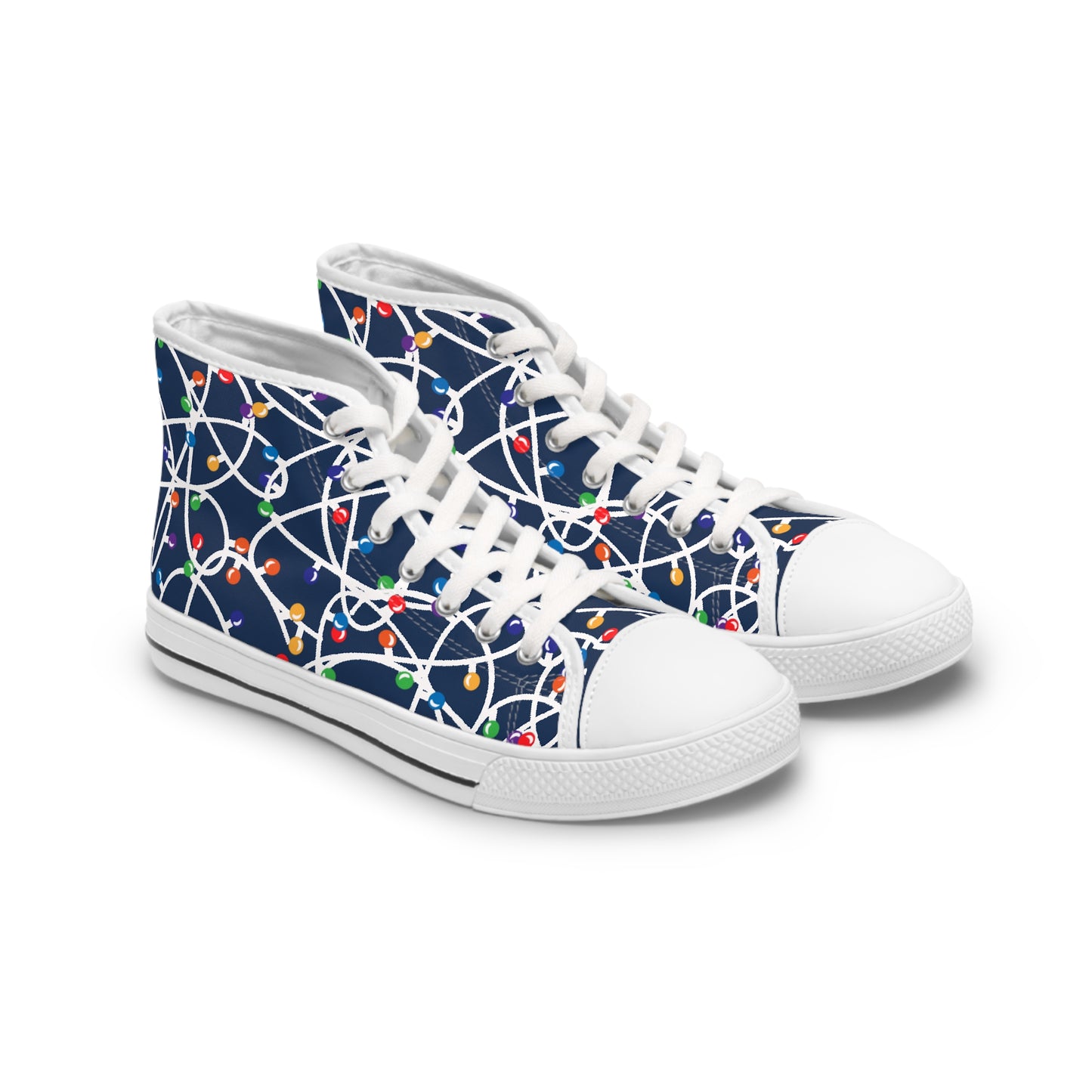 navy women's high top christmas sneakers with a printed pattern of tangled christmas string lights