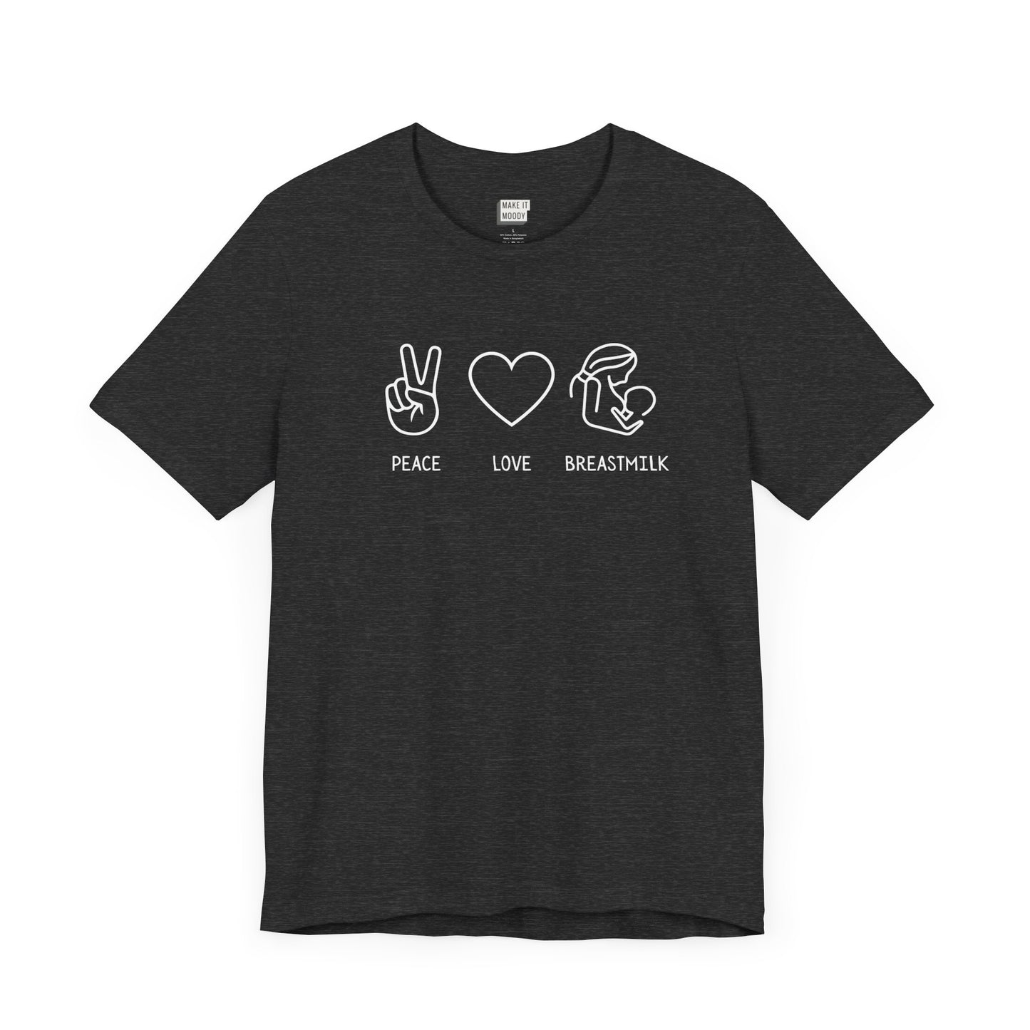 Dark heather grey breastfeeding t-shirt that says PEAVE LOVE BREASTMILK.