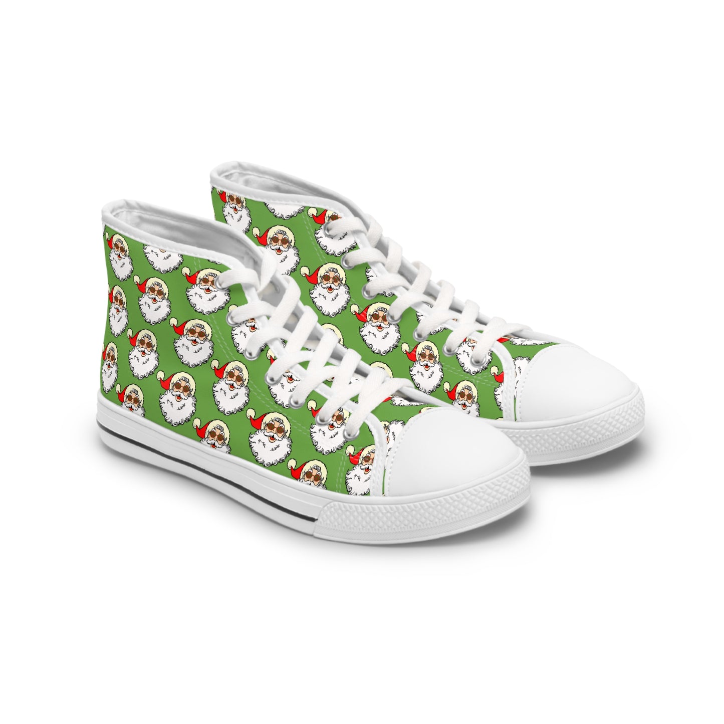 high top women's christmas sneakers in green with a 70s style santa pattern