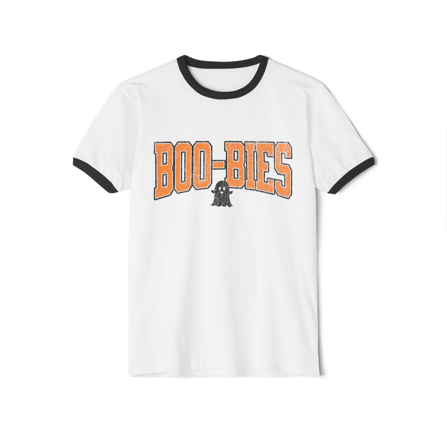 White breastfeeding Halloween T-Shirt with black collar and sleeve trim. It showcases BOO-BIES in bold orange letters along with a small ghost graphic below the text.