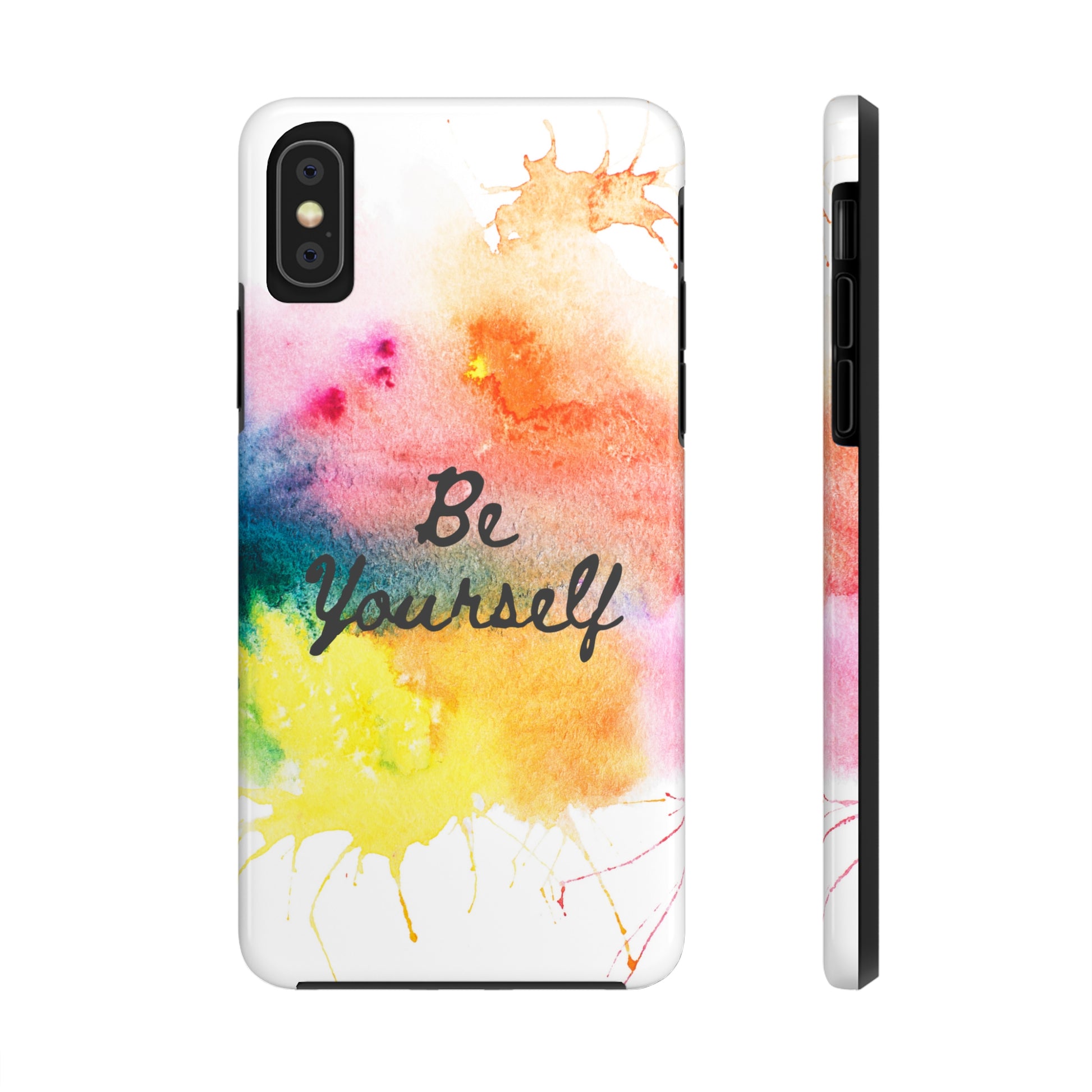 picture of an inspirational phone case that says, "be yourself" against a bright watercolor painting