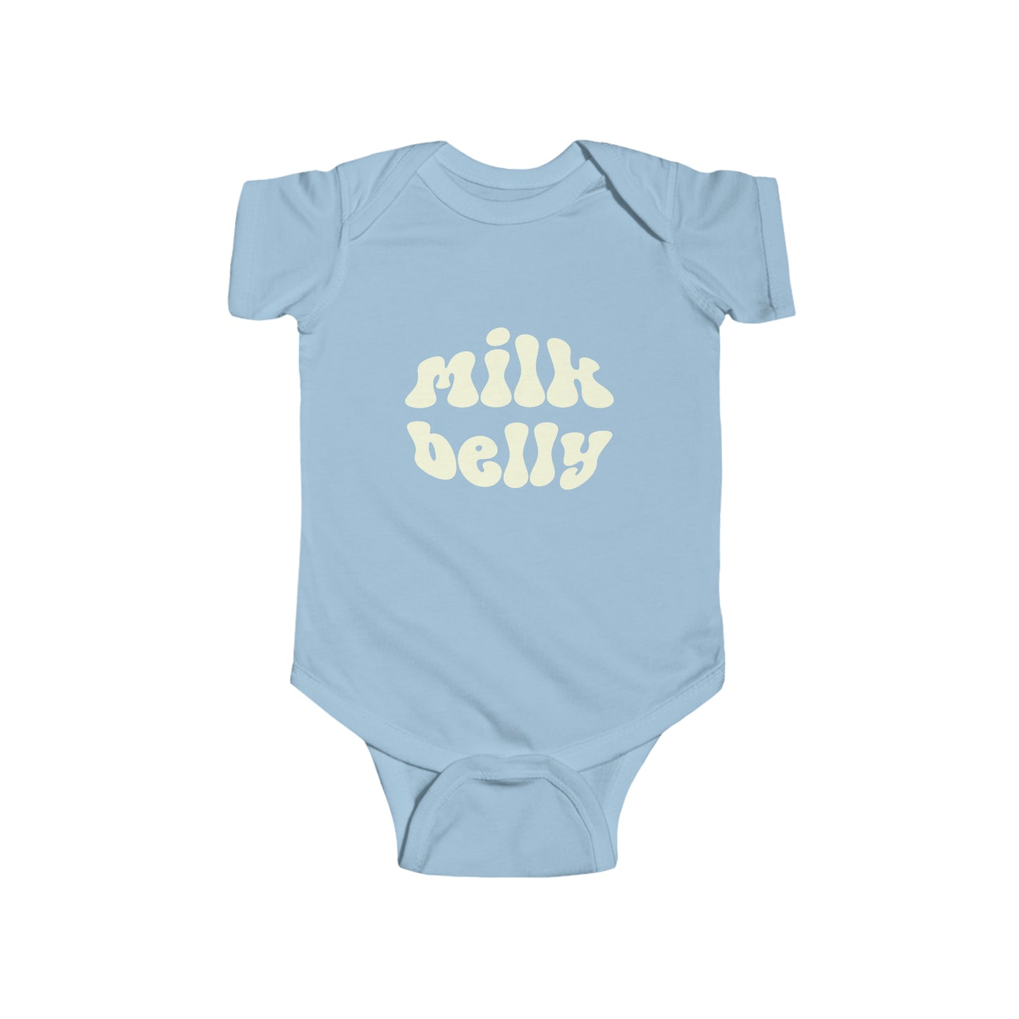 Light blue infant bodysuit that says MILK BELLY in white retro font on the front.