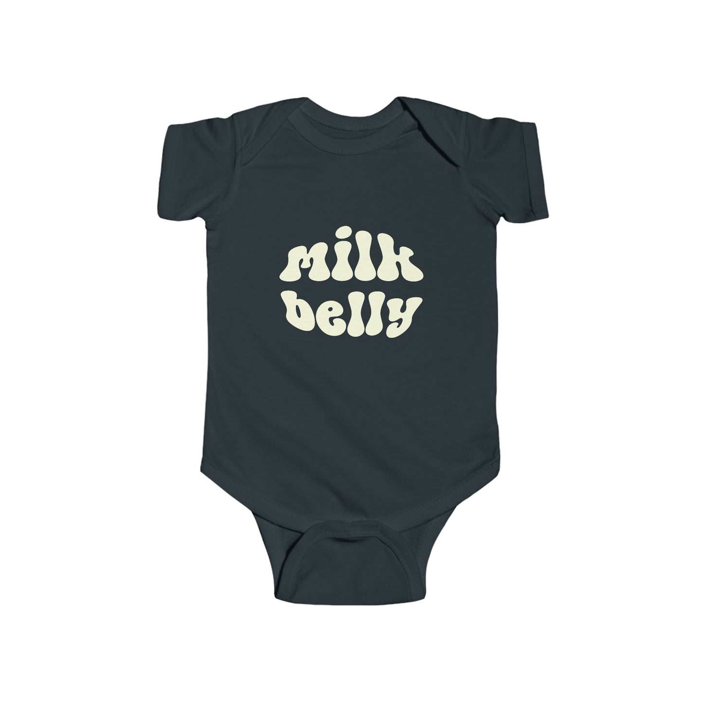 Black infant bodysuit that says MILK BELLY in white retro font on the front.