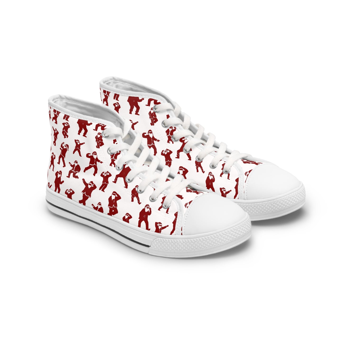 women's high top christmas sneakers with a printed pattern of red dancing santas all over