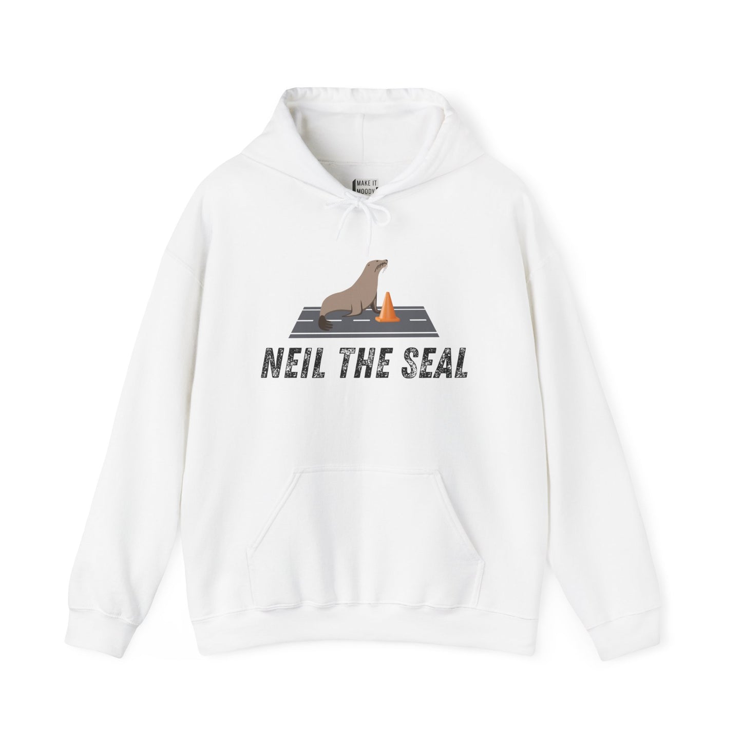 White hooded sweatshirt with the words NEIL THE SEAL, and a graphic of a seal sitting in the middle of a road with an orange traffic cone.