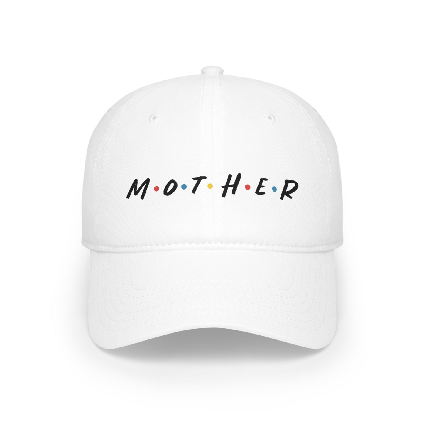 White Friend's Font "Mother" Hat with black lettering and colorful dots between each letter.