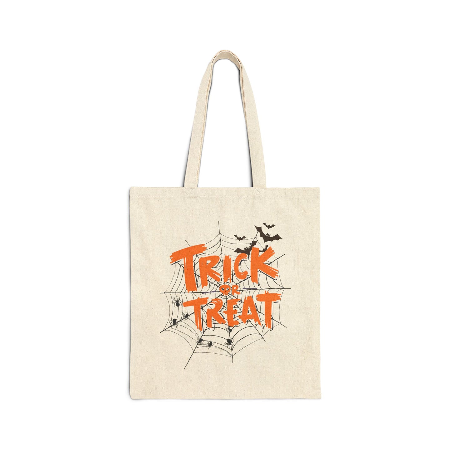 Natural "Trick-or-Treat" Halloween Canvas Tote Bag with orange "Trick or Treat" text, spider web design, and flying bats.