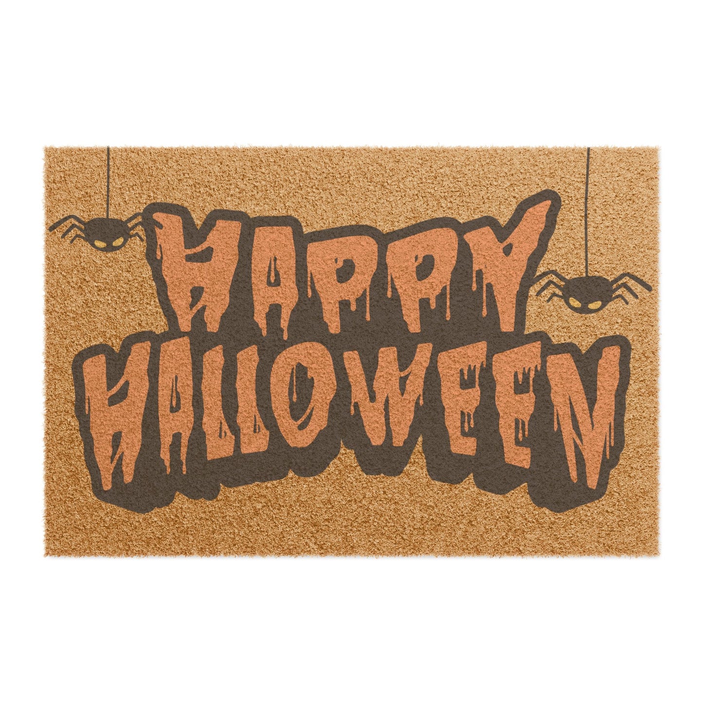 The "Happy Halloween" Halloween Doormat features drippy text and is decorated with two hanging spiders on a tan background.