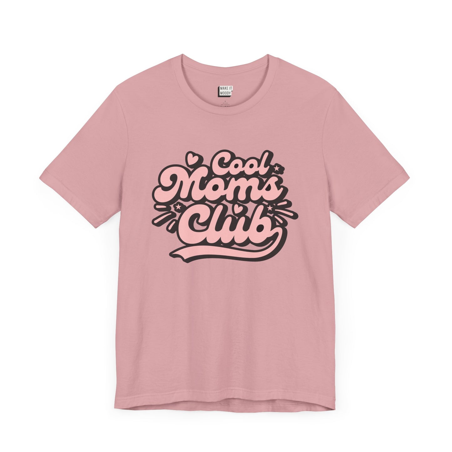 Orchid pink mom t-shirt that says cool moms club in pink and black retro font.