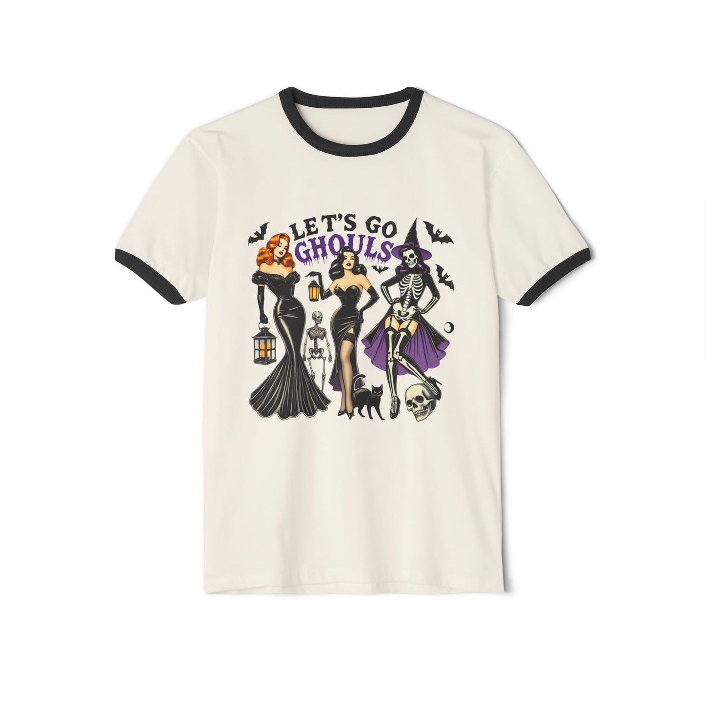 The "Let's Go Ghouls" Unisex Cotton Ringer T-Shirt, in natural and black, showcases spooky figures and the phrase "Let's Go Ghouls!" surrounded by bats.
