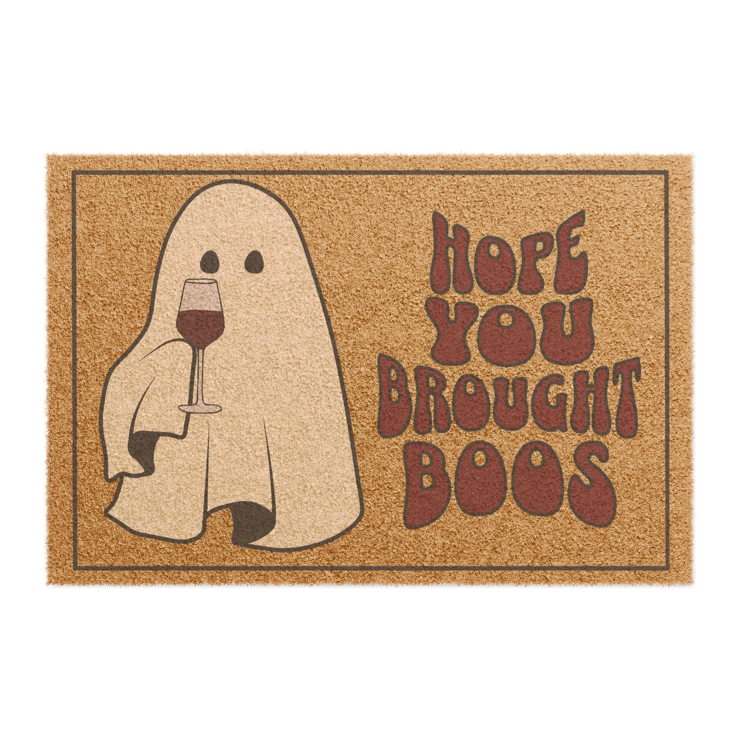 Hope You Brought Boos" Halloween Doormat featuring a ghost holding a wine glass and the text in vintage lettering.