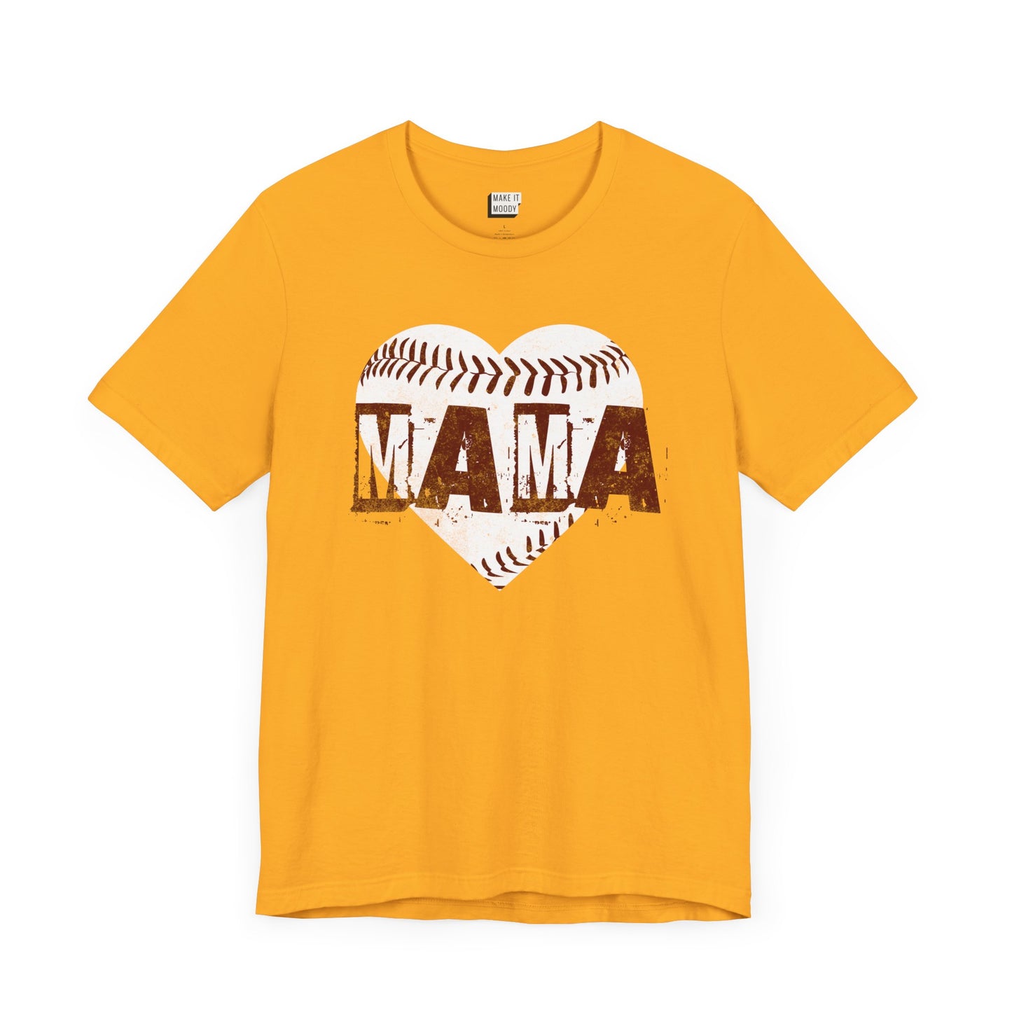 Gold baseball mama t-shirt with the word MAMA in maroon distressed font over a heart shaped baseball design.