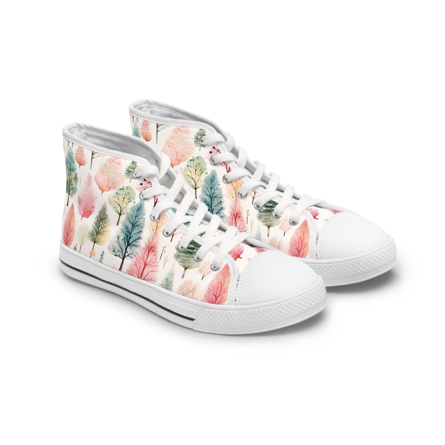women's high top christmas sneakers with a printed pattern of pink and green watercolor christmas trees