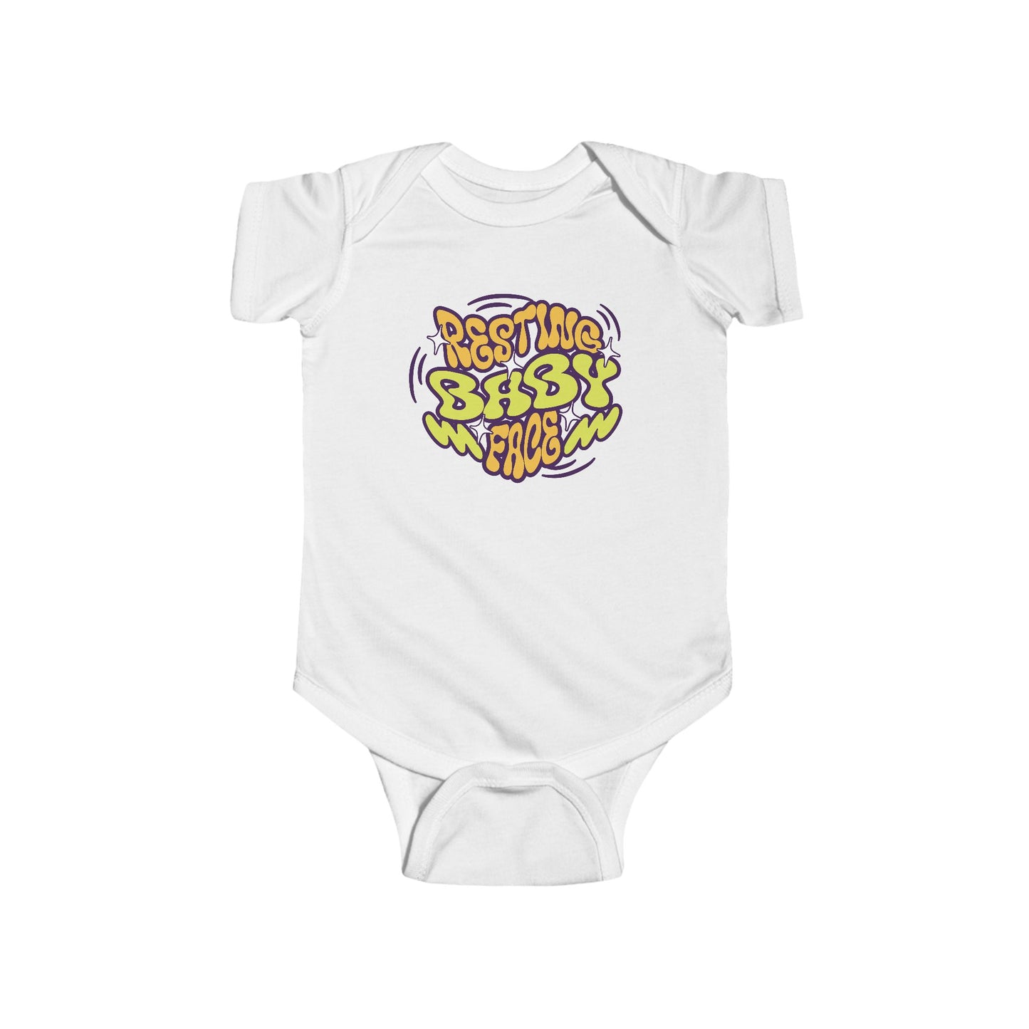 white infant bodysuit that with a wavy retro graphic on the front that says RESTING BABY FACE