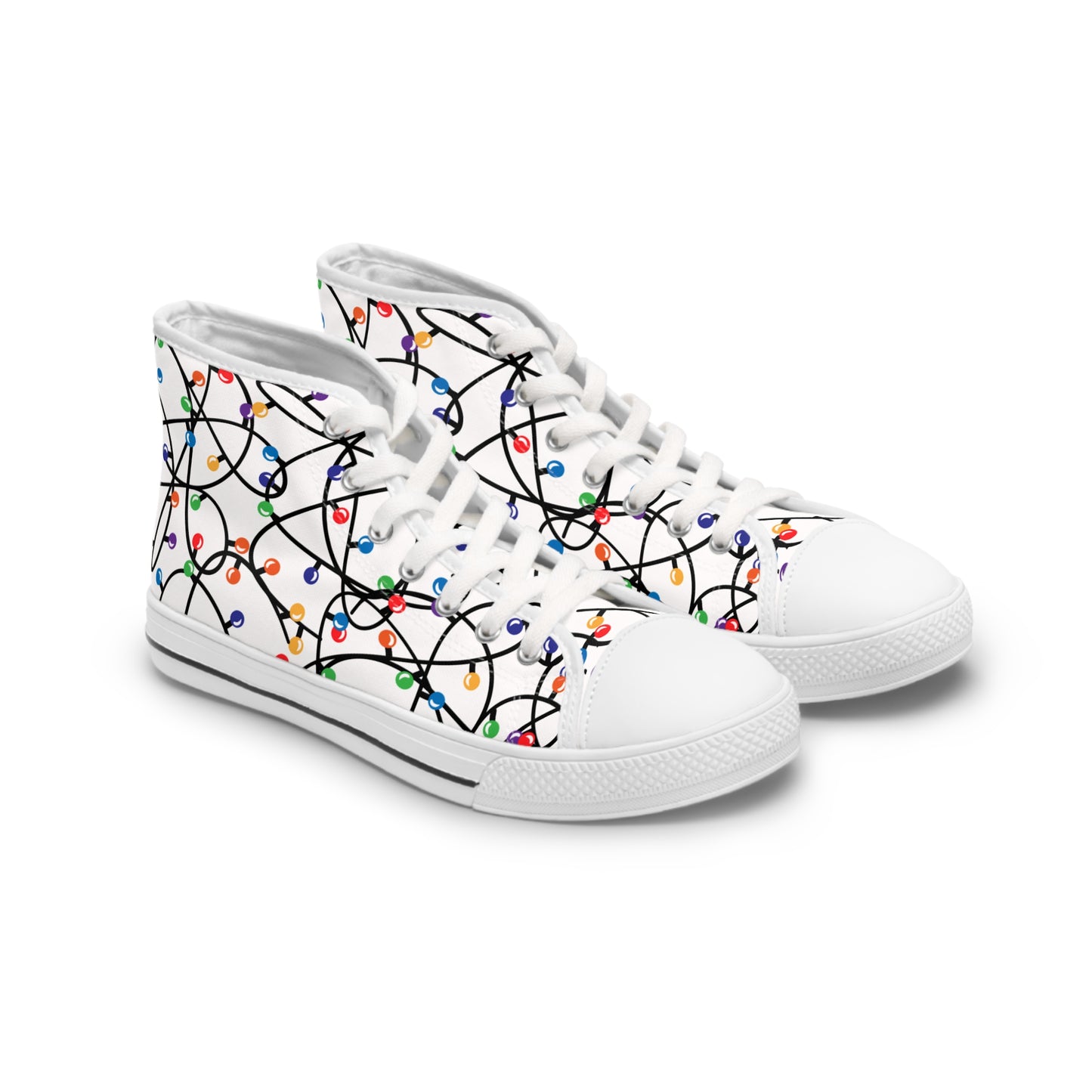 women's high top christmas sneakers with a printed pattern of tangled christmas lights