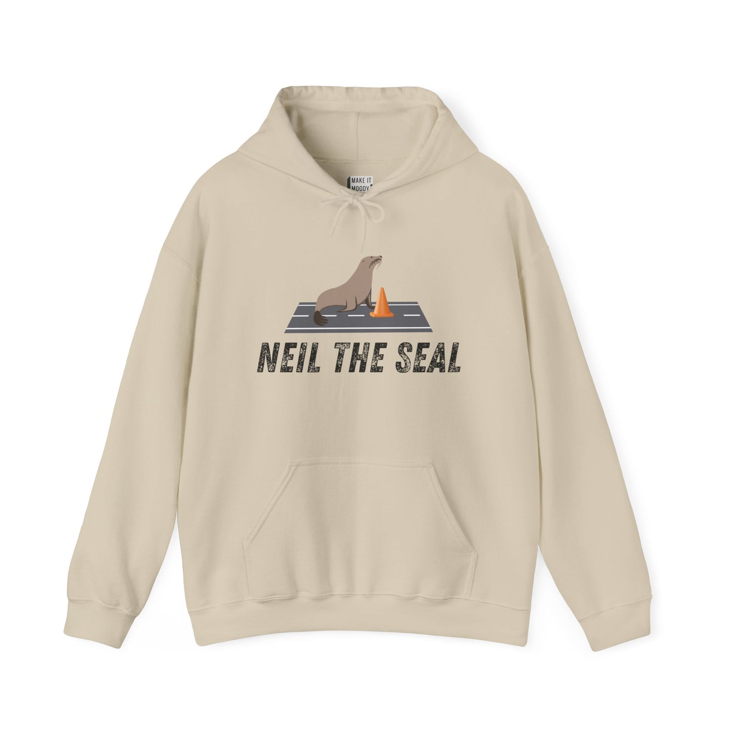 Tan hooded sweatshirt with the words NEIL THE SEAL, and a graphic of a seal sitting in the middle of a road with an orange traffic cone.