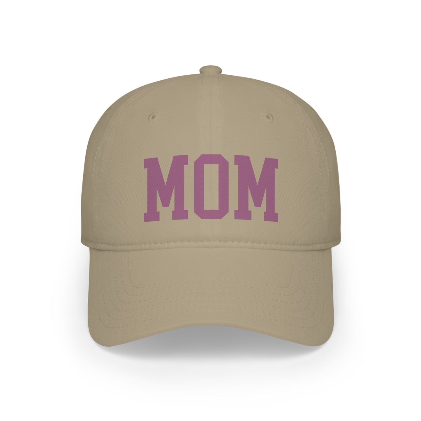Khaki "MOM" Hat featuring the word "MOM" in large pink letters on the front.