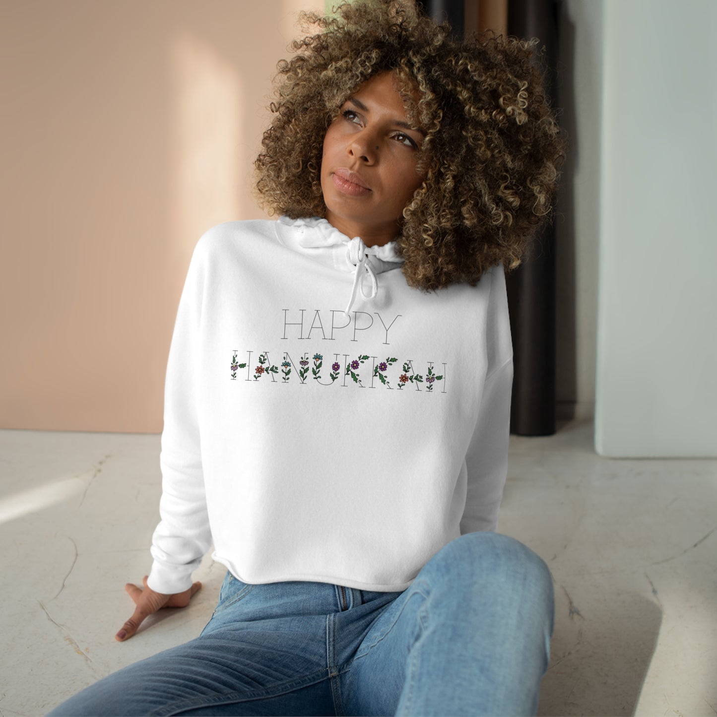 Flower "Happy Hanukkah" Cropped Hoodie