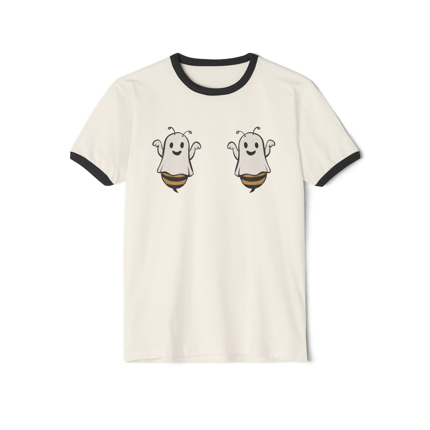 Halloween breastfeeding T-Shirt in white with black trim, featuring two half ghost/half bee illustrations side by side over the chest area where the breasts would be.