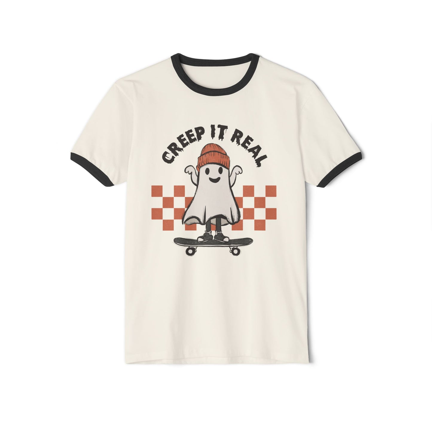 Natural/black unisex cotton ringer Halloween t-shirt, featuring a ghost on a skateboard with the text "Creep It Real" above and a checkered red background design.